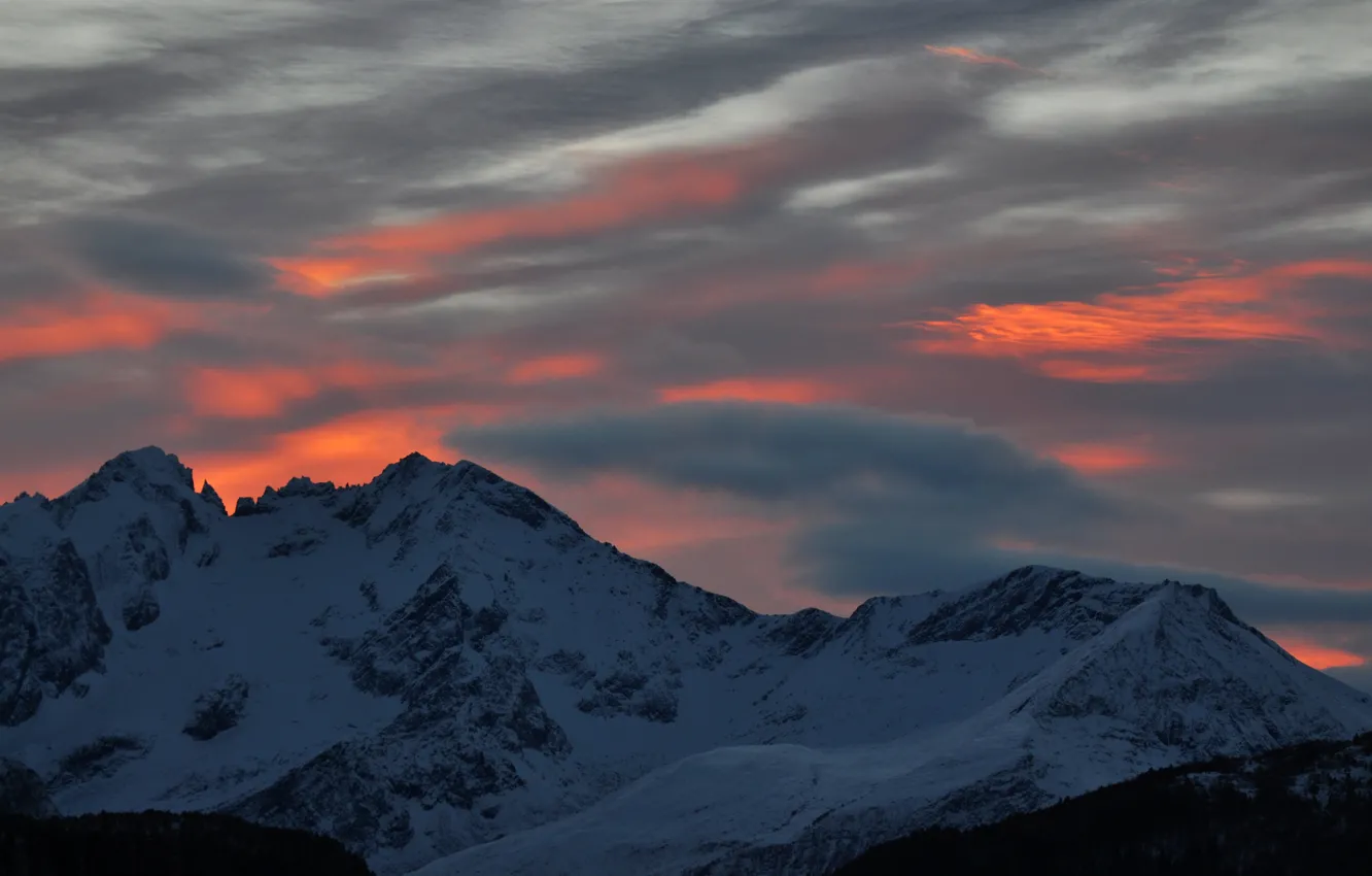 Photo wallpaper winter, the sky, clouds, snow, sunset, mountains, nature, rocks