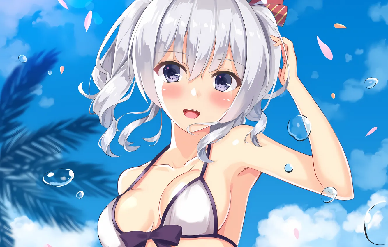 Photo wallpaper girl, sexy, cleavage, boobs, anime, beautiful, short hair, purple eyes