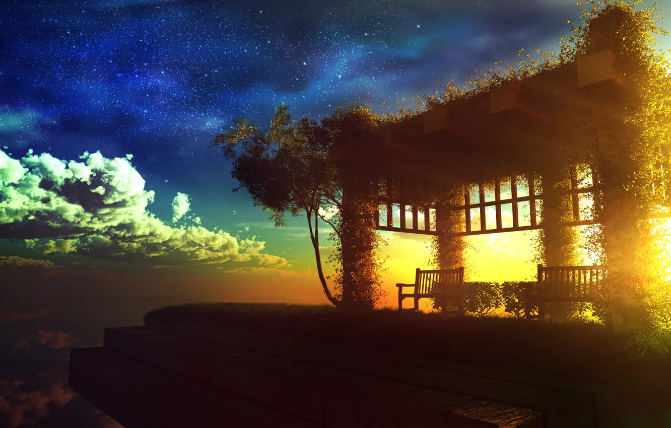 Photo wallpaper the sky, stars, landscape, sunset, the evening, art, gazebo, and-k