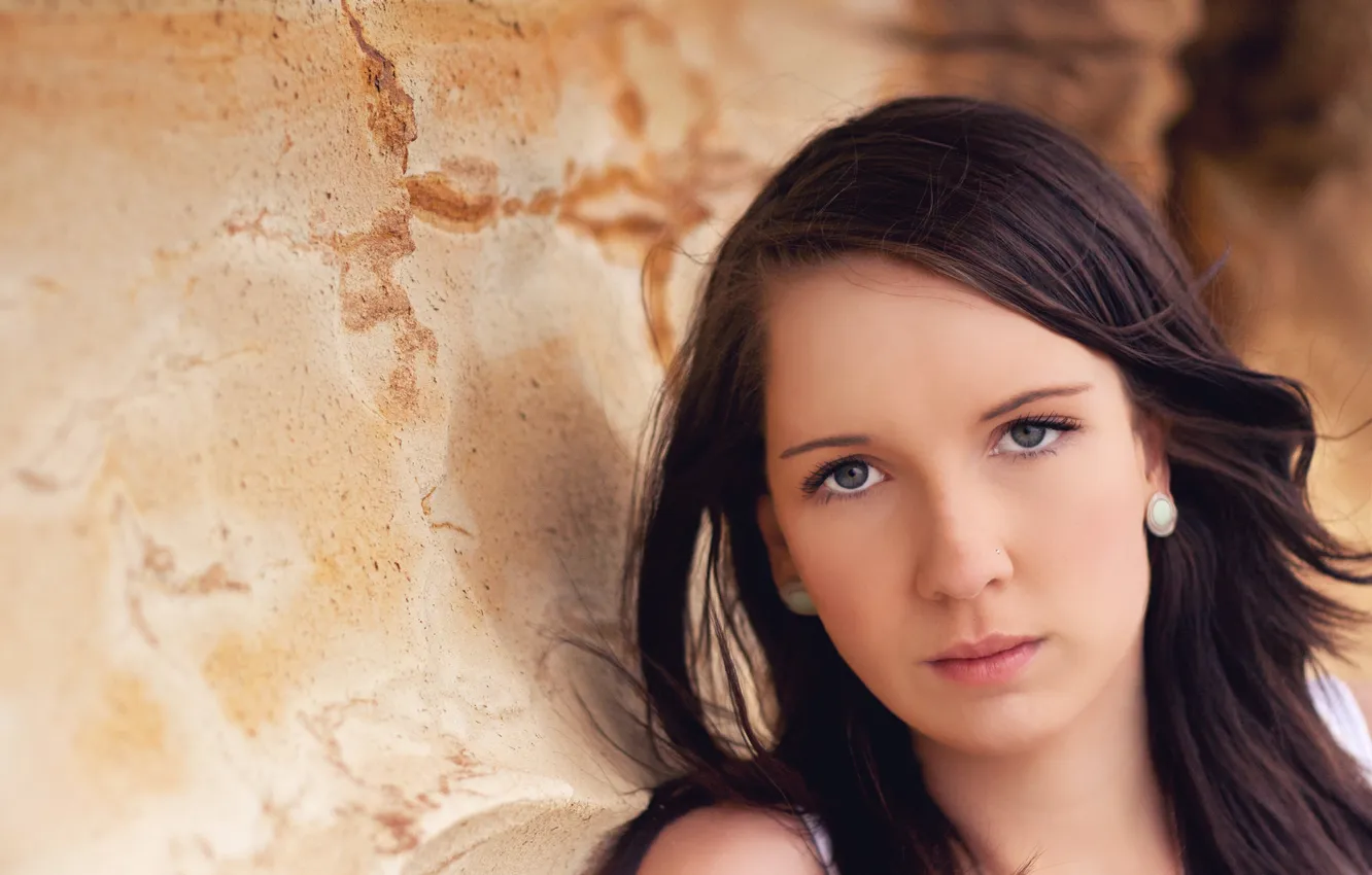 Photo wallpaper look, girl, the wind, brown hair, gray-eyed