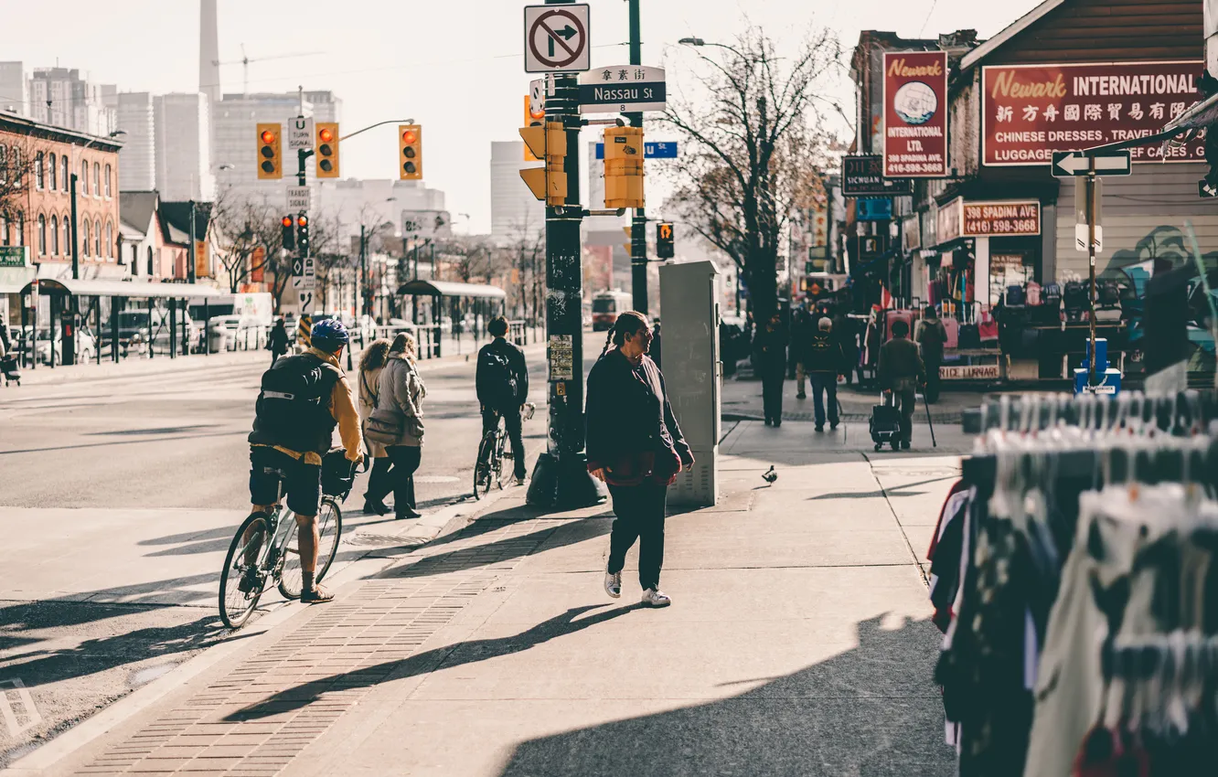 Photo wallpaper people, street, clothing, dove, signs, horizon, traffic light, Canada