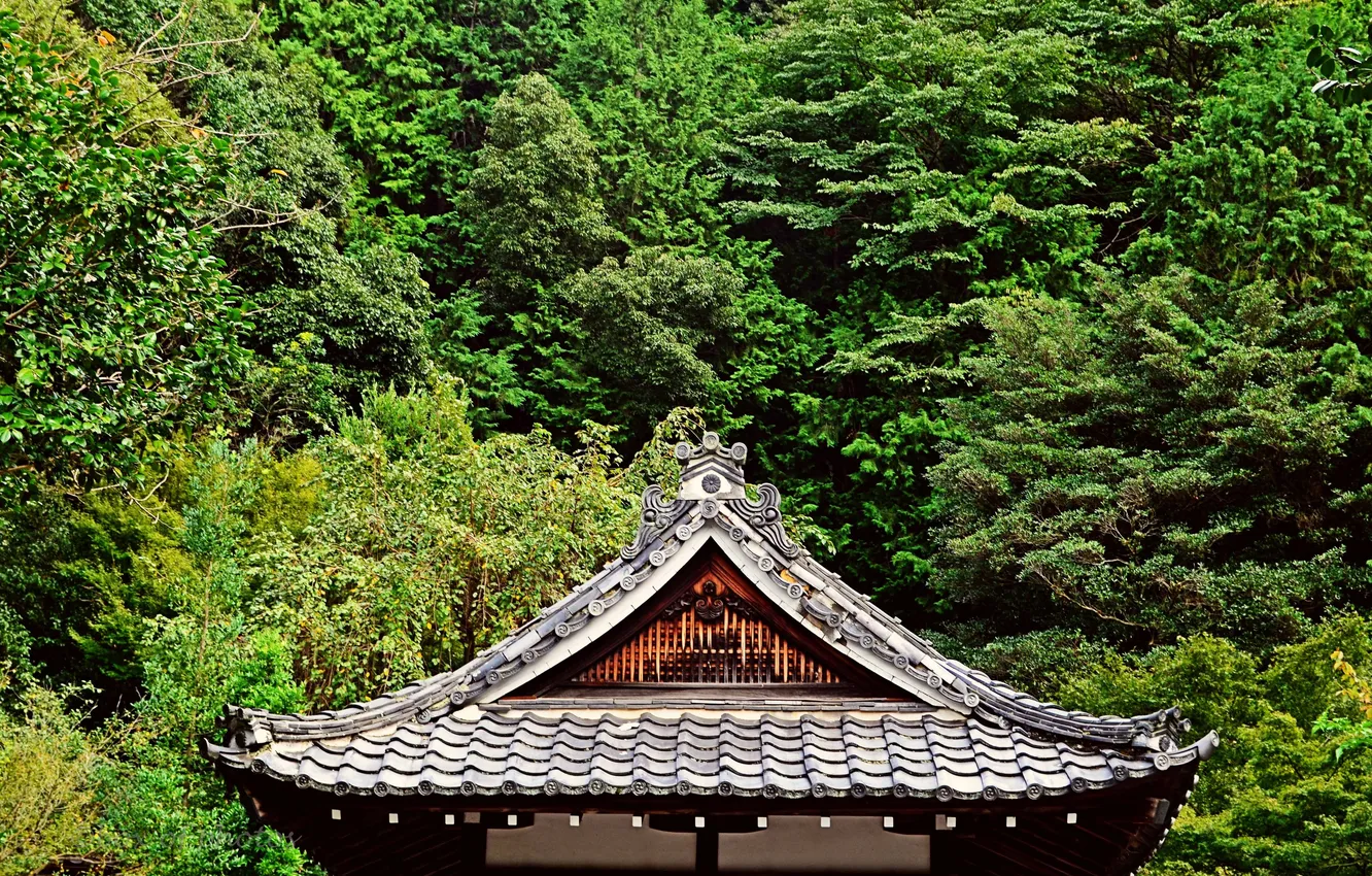 Photo wallpaper roof, greens, trees, Japan, garden, pagoda