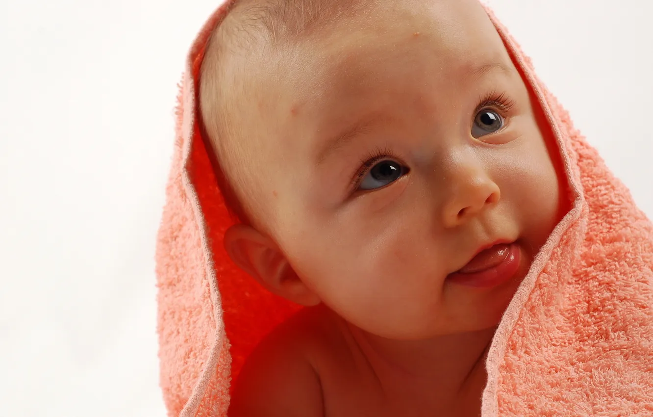 Photo wallpaper look, children, eyelashes, smile, mood, towel, baby, white background
