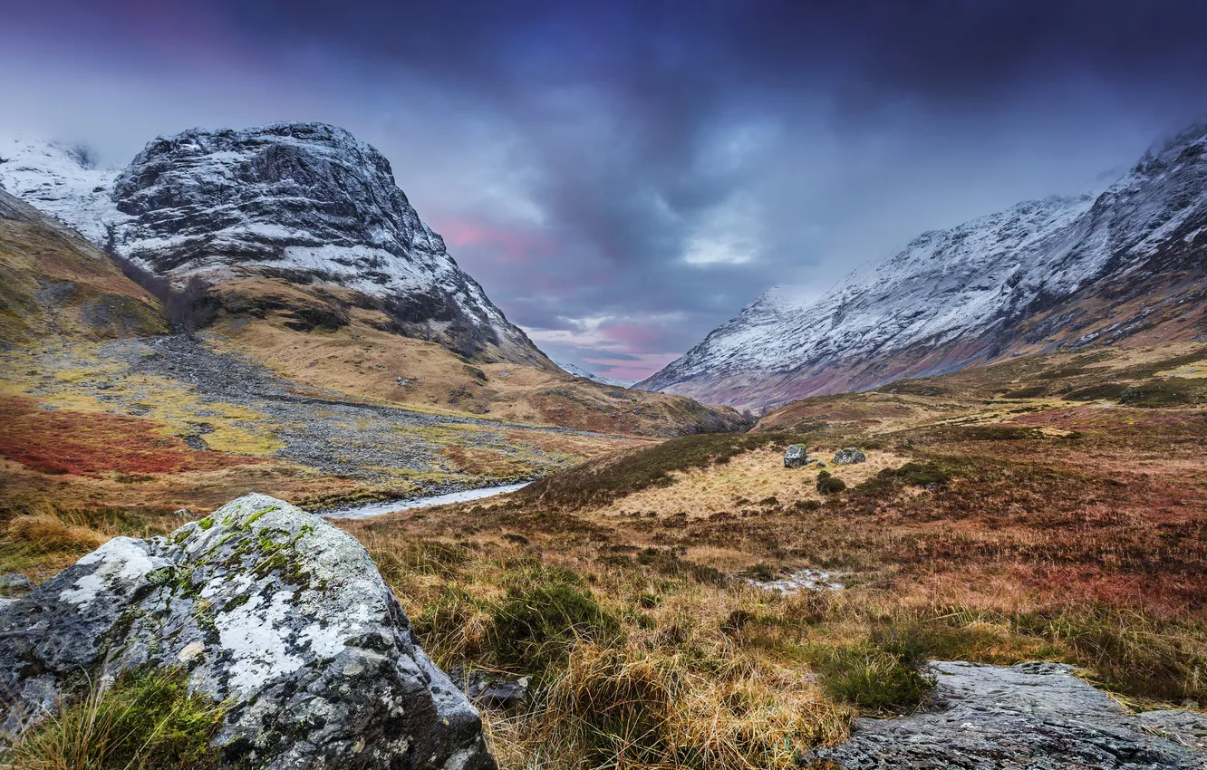 Photo wallpaper grass, mountains, stream, stones, valley, UK, Yorkshire