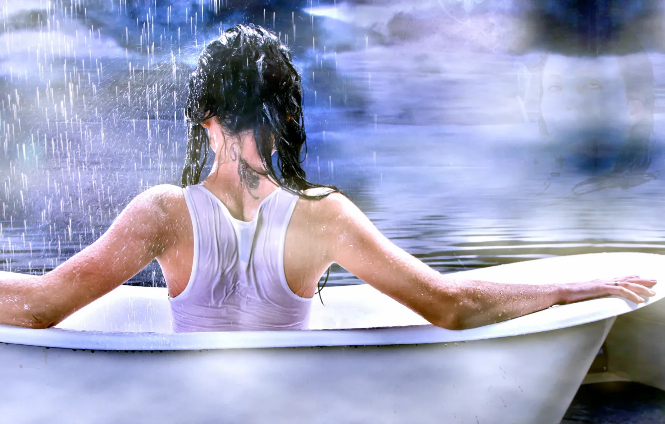 Photo wallpaper girl, rain, mood, bath, installation