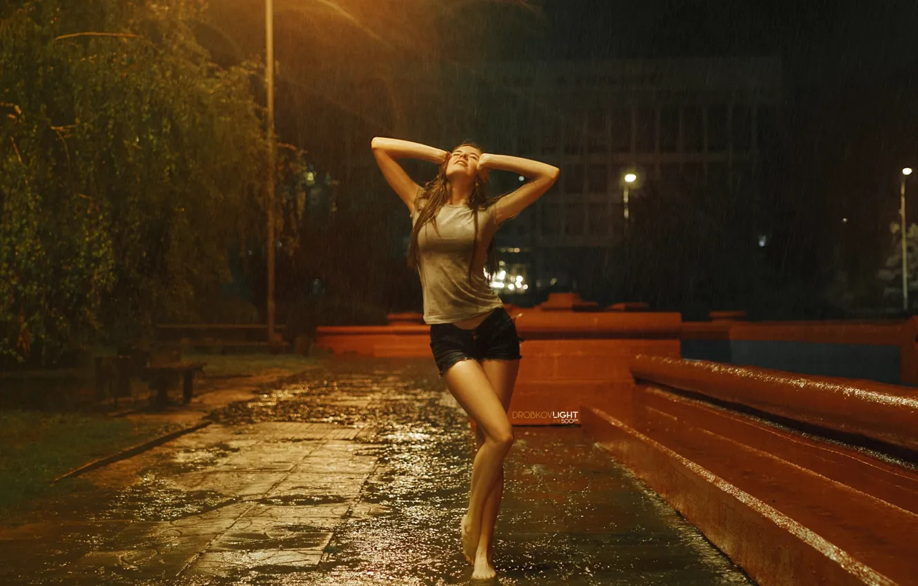 Photo wallpaper girl, rain, street, shorts, wet, Elena, Alexander Drobkov-Light