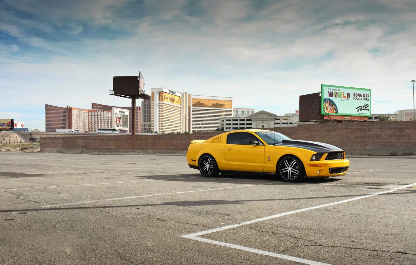 Photo wallpaper auto, yellow, the city, mustang, Mustang, ford, shelby, Ford