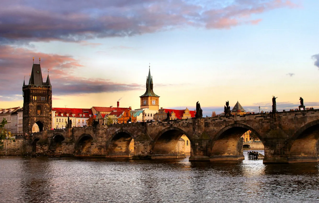 Photo wallpaper bridge, the city, view, Prague, Czech Republic, beautiful, medieval, Praga