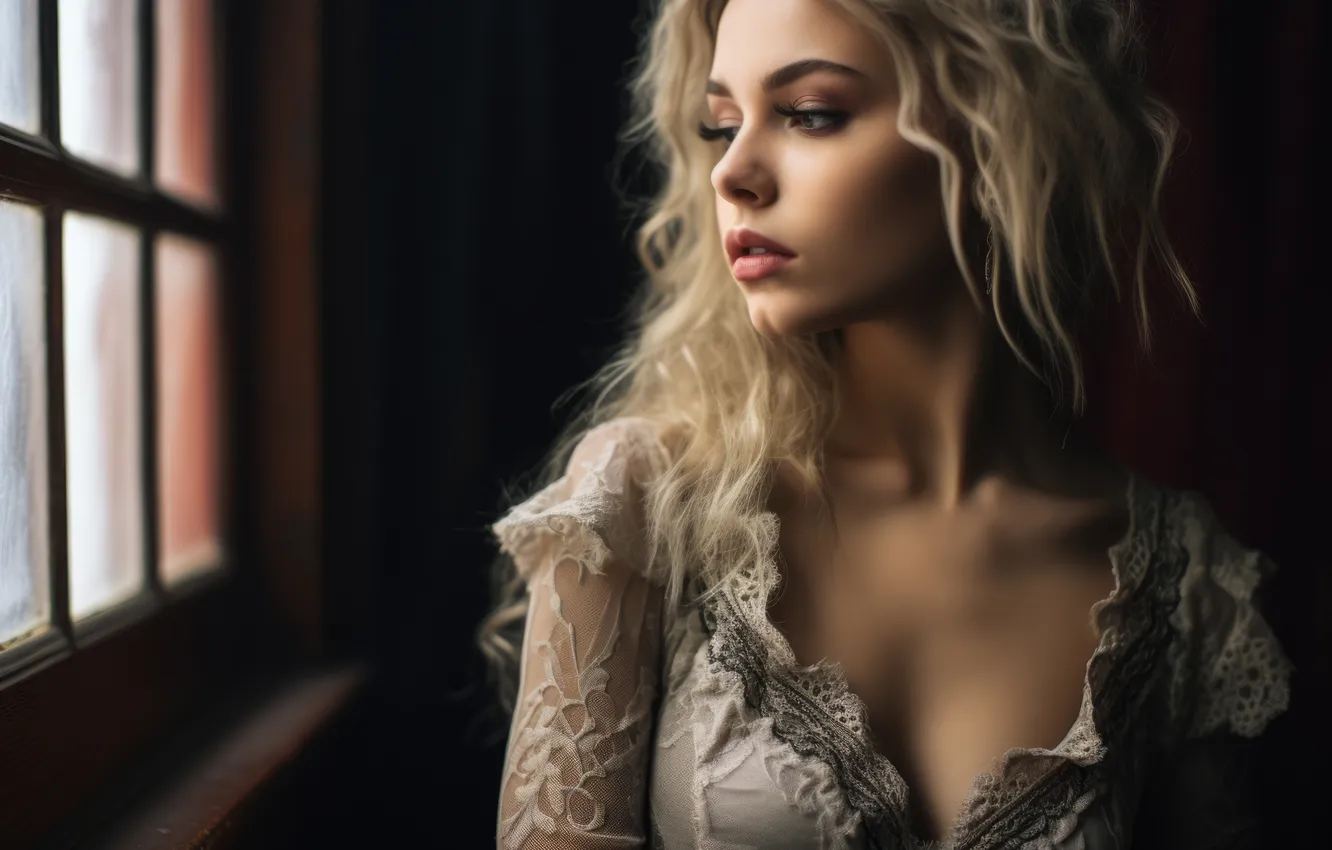 Photo wallpaper look, girl, pose, eyelashes, room, portrait, makeup, window