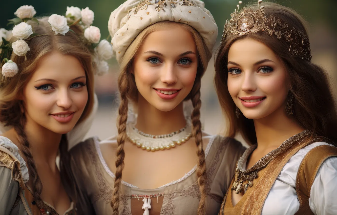 Photo wallpaper look, girl, decoration, flowers, smile, portrait, makeup, dress