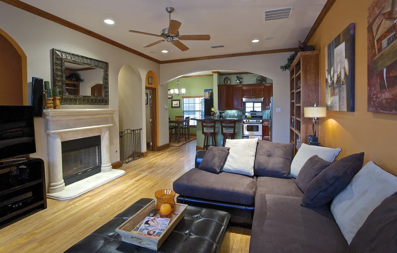 Photo wallpaper interior, kitchen, fireplace, Boston, living room, dining room