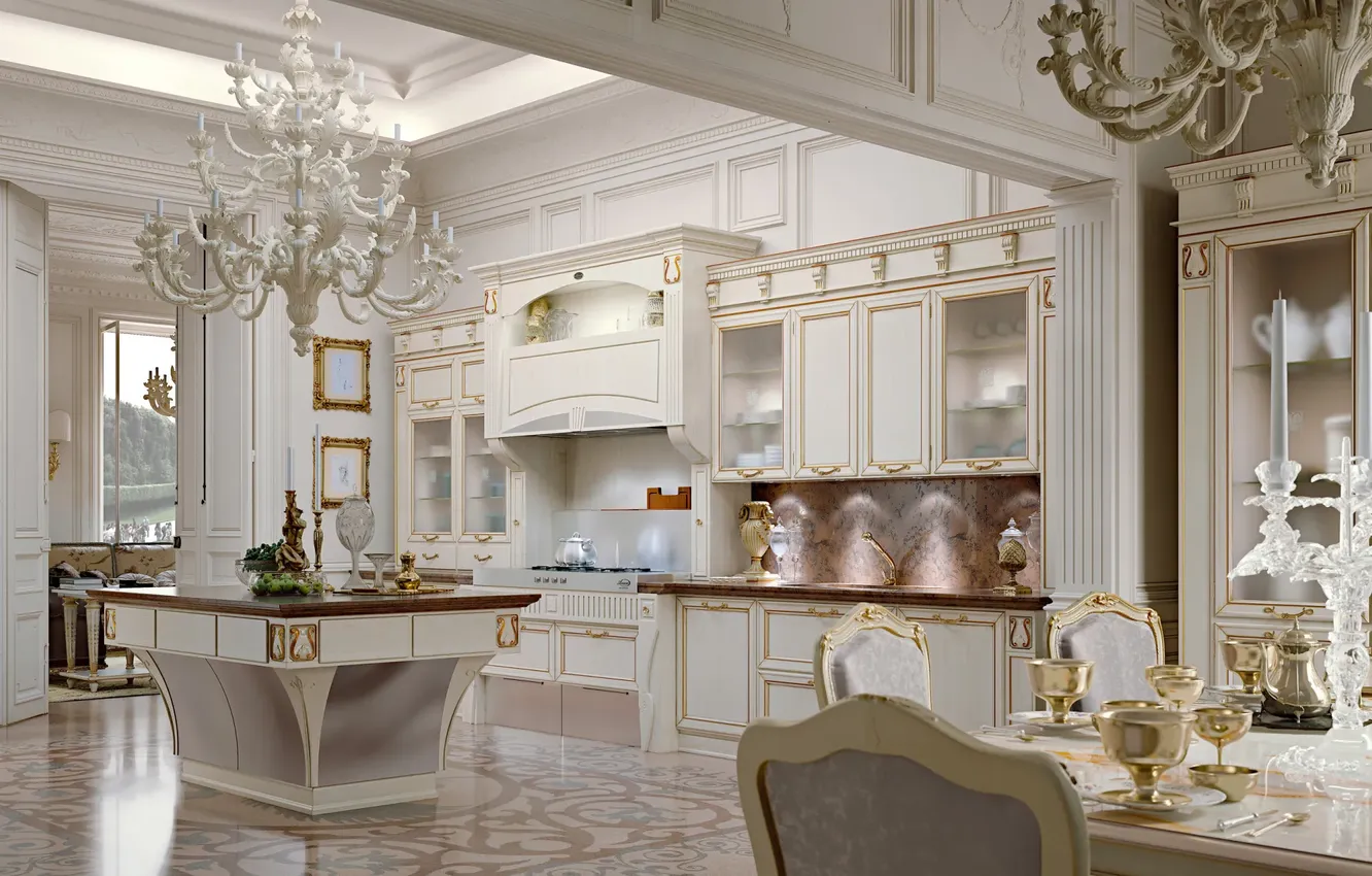 Photo wallpaper style, Villa, interior, Italy, kitchen, dining room, dining area, Italian design