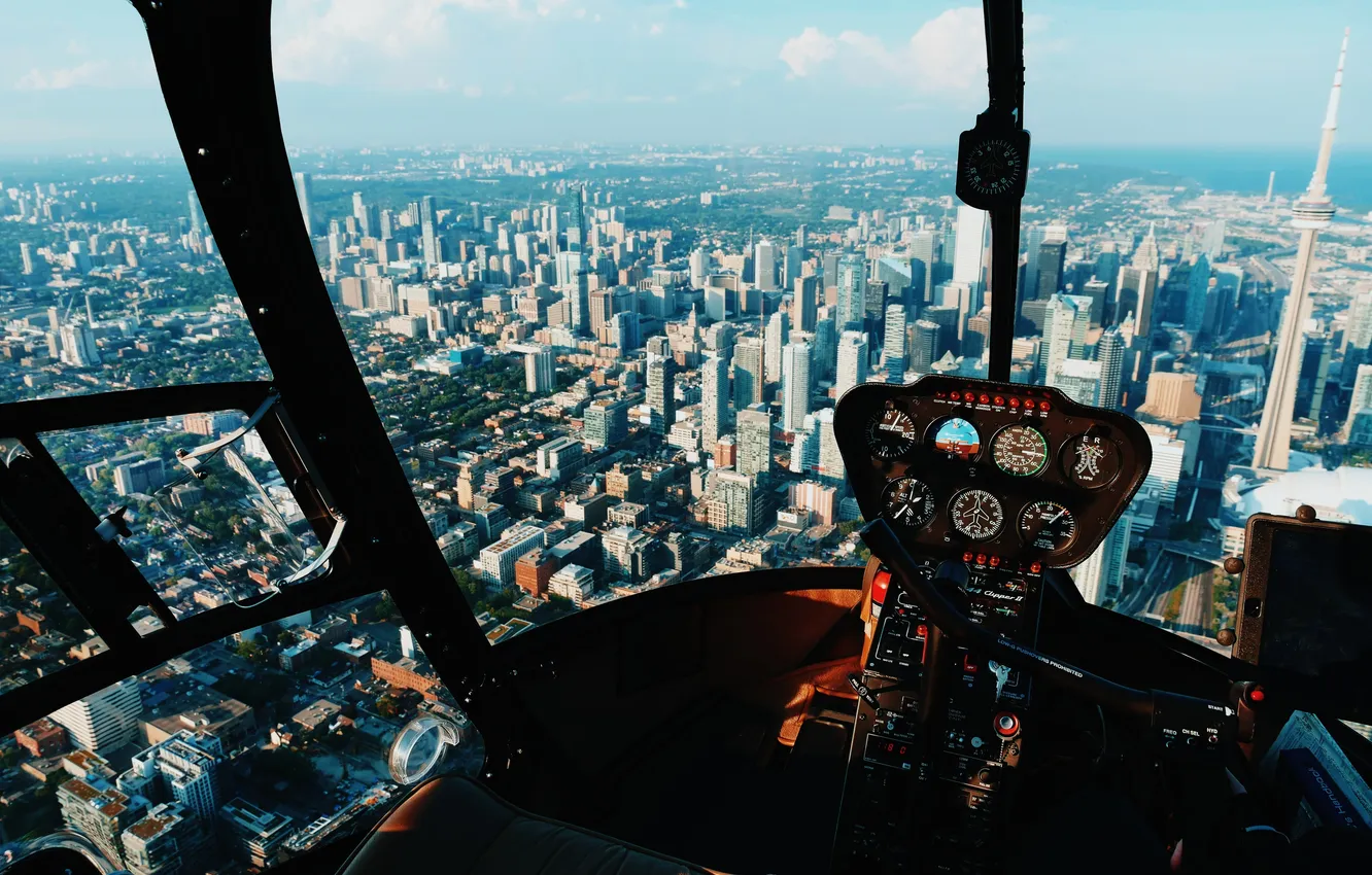 Photo wallpaper aviation, building, height, helicopter, the instrument panel, helicopter cabin