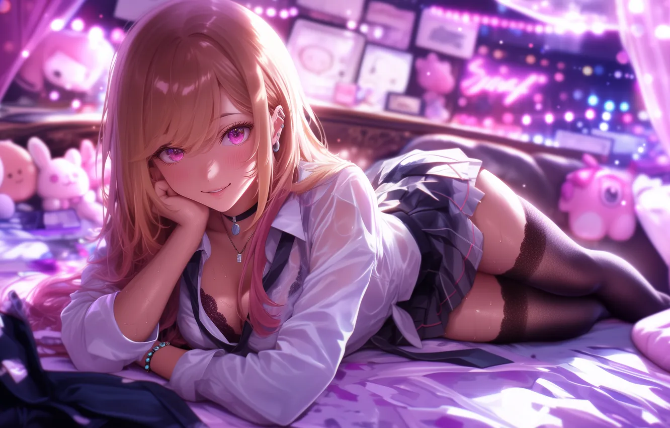 Photo wallpaper anime, anime, stockings, bed, bedroom, shirt, porcelain doll, 18+