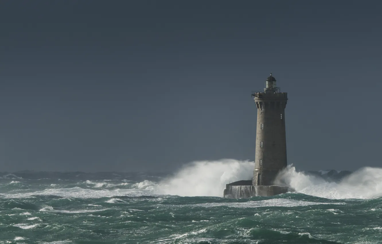 Photo wallpaper sea, the storm, wave, the sky, lighthouse, the troubled sea