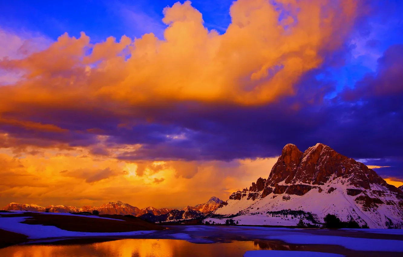 Photo wallpaper the sky, clouds, snow, sunset, mountains, lake