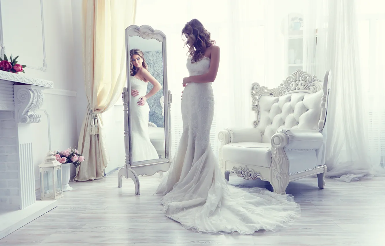 Photo wallpaper style, reflection, chair, dress, mirror, the bride, wedding dress
