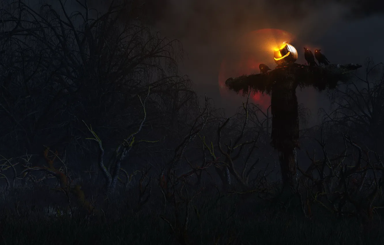 Photo wallpaper forest, trees, night, rendering, holiday, the moon, head, art