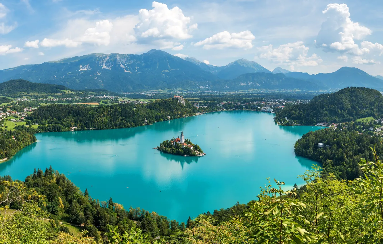 Photo wallpaper field, forest, the sky, the sun, clouds, trees, mountains, lake