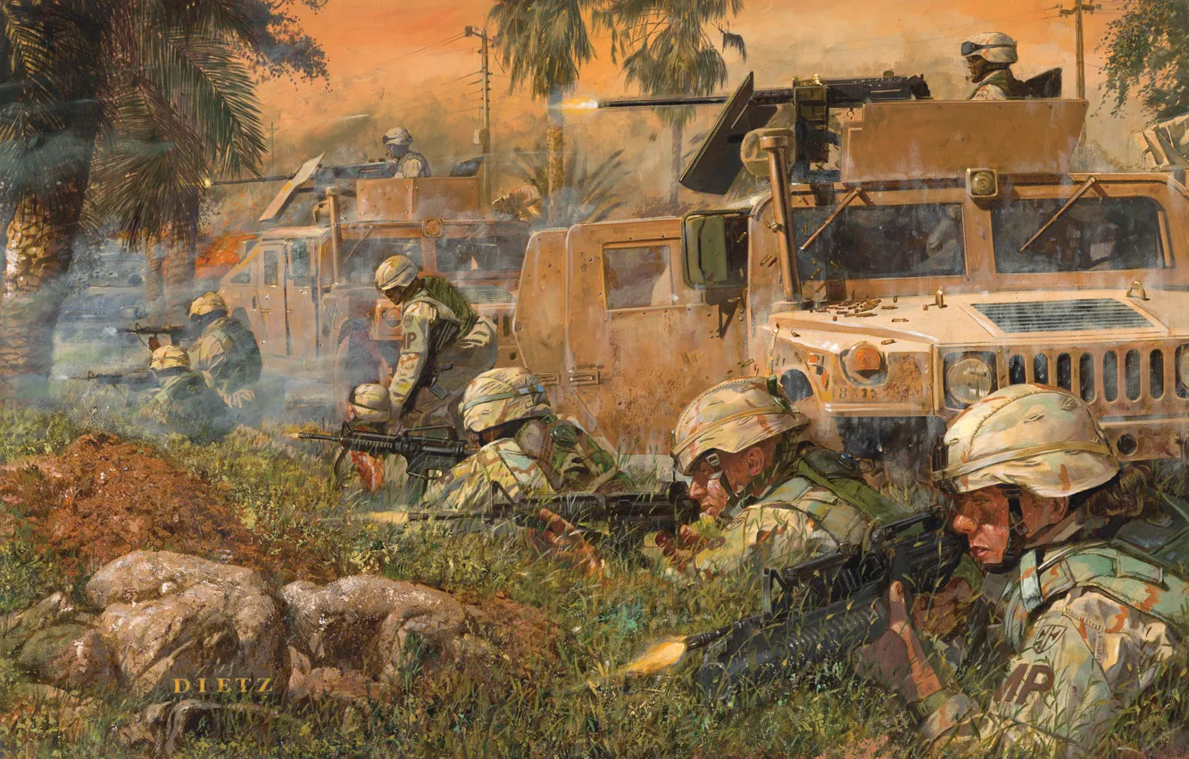 Photo wallpaper the city, war, hammer, soldiers, shooting