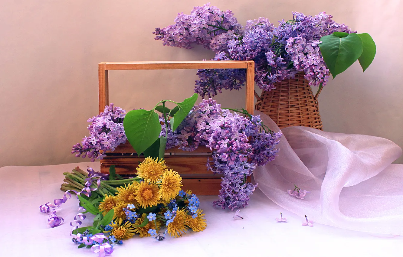 Photo wallpaper flowers, branches, table, bouquet, spring, petals, fabric, pitcher