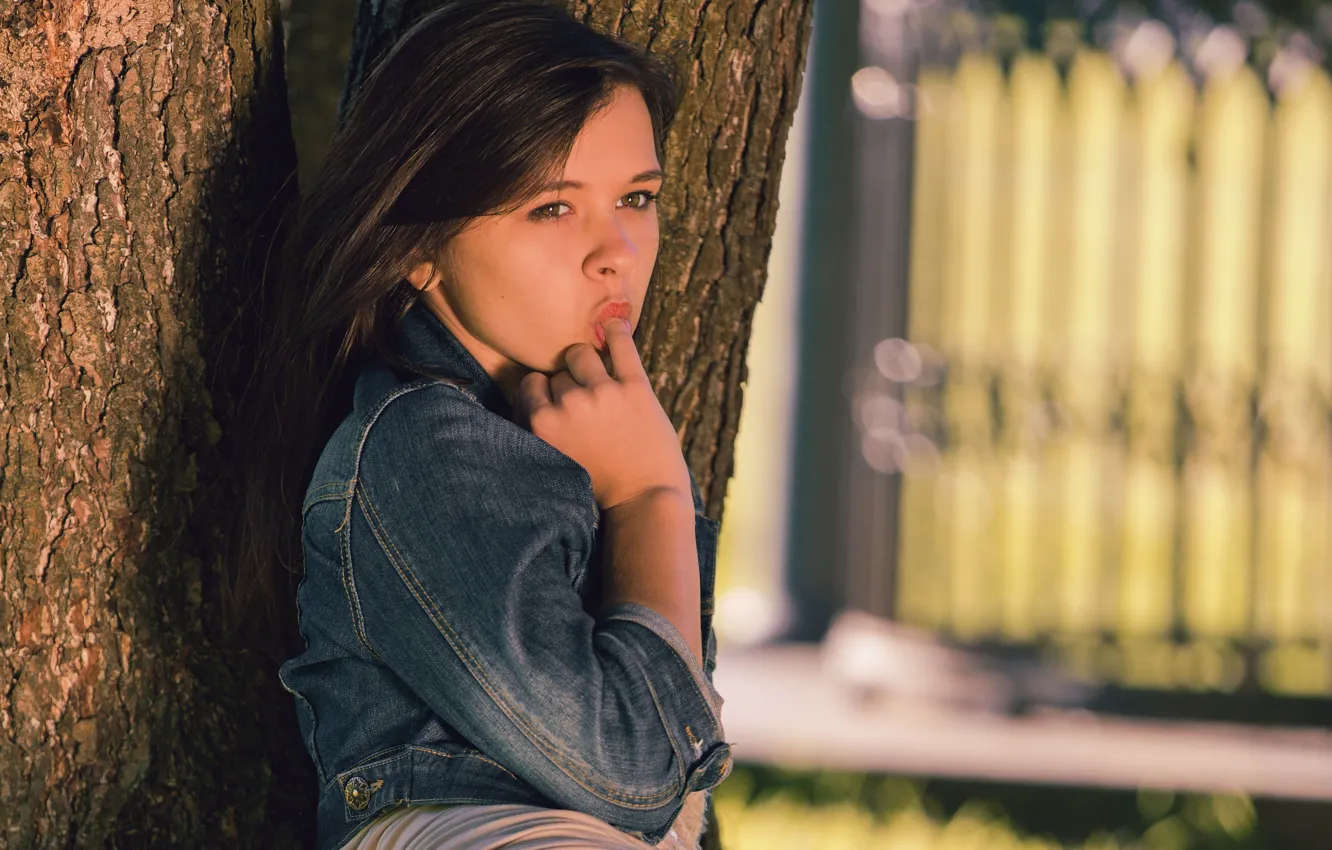 Photo wallpaper girl, brunette, jacket, finger, Audrey