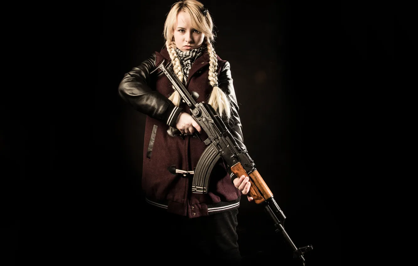 Photo wallpaper girl, weapons, background, jacket, machine, braid, Kalashnikov, AKMCY