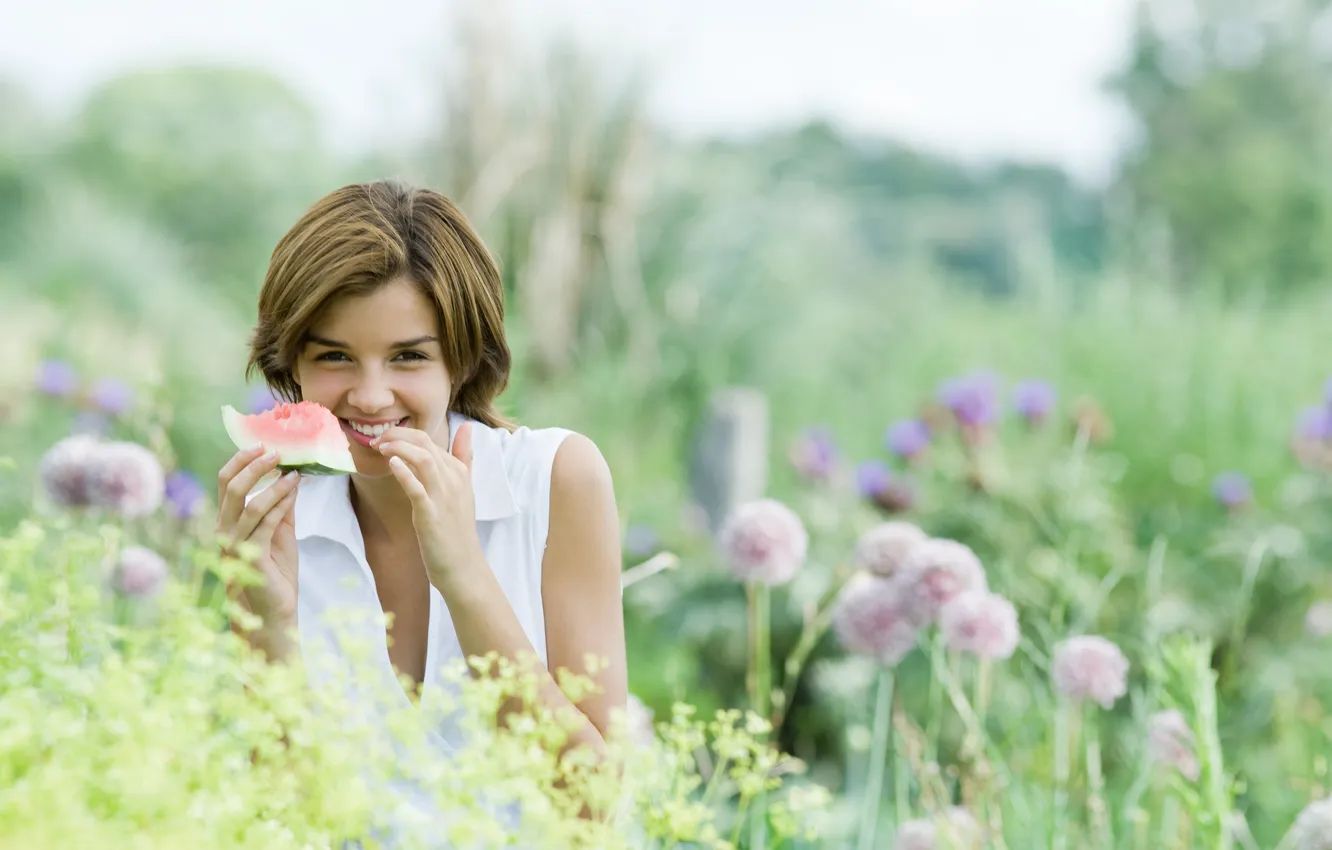 Photo wallpaper grass, girl, smile, watermelon