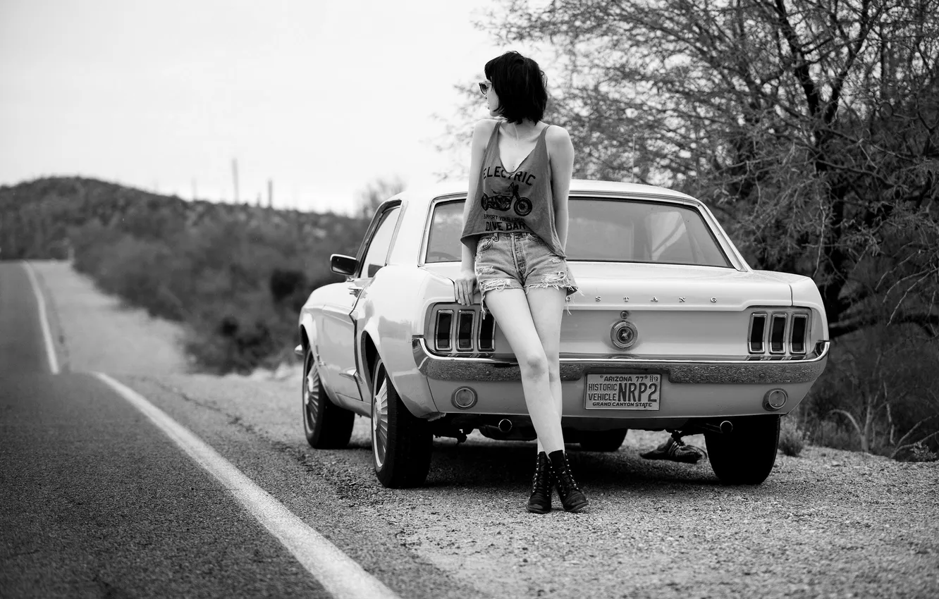 Photo wallpaper road, machine, auto, Ford Mustang, roadside
