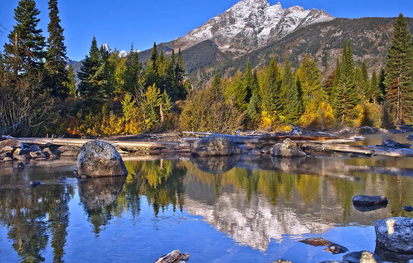 Photo wallpaper the sky, trees, mountains, lake, stones