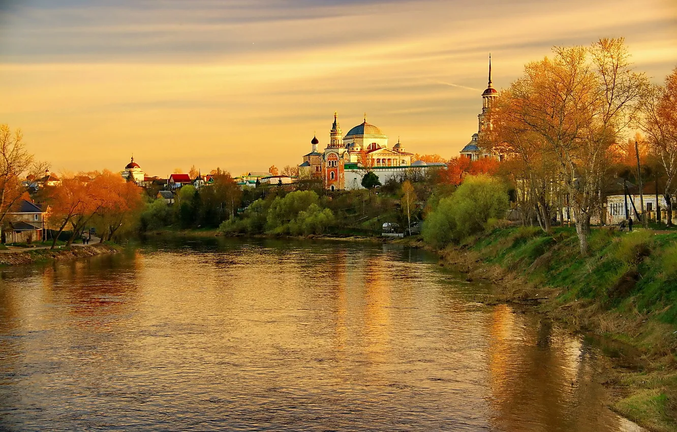 Photo wallpaper autumn, sunset, reflection, river, the evening, Tver oblast, Torzhok
