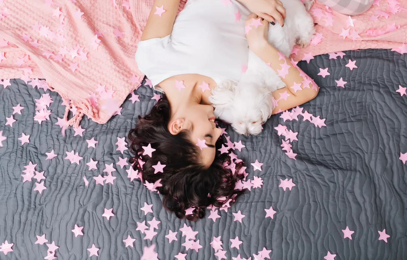 Photo wallpaper girl, dog, lies, stars