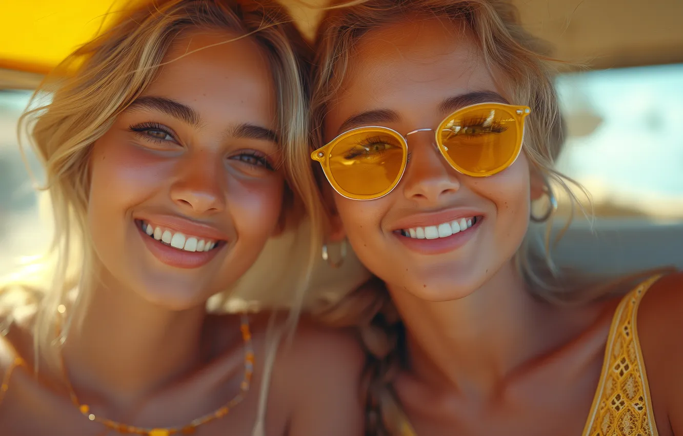 Photo wallpaper summer, look, girl, pose, two girls, friend, sunglasses, AI art