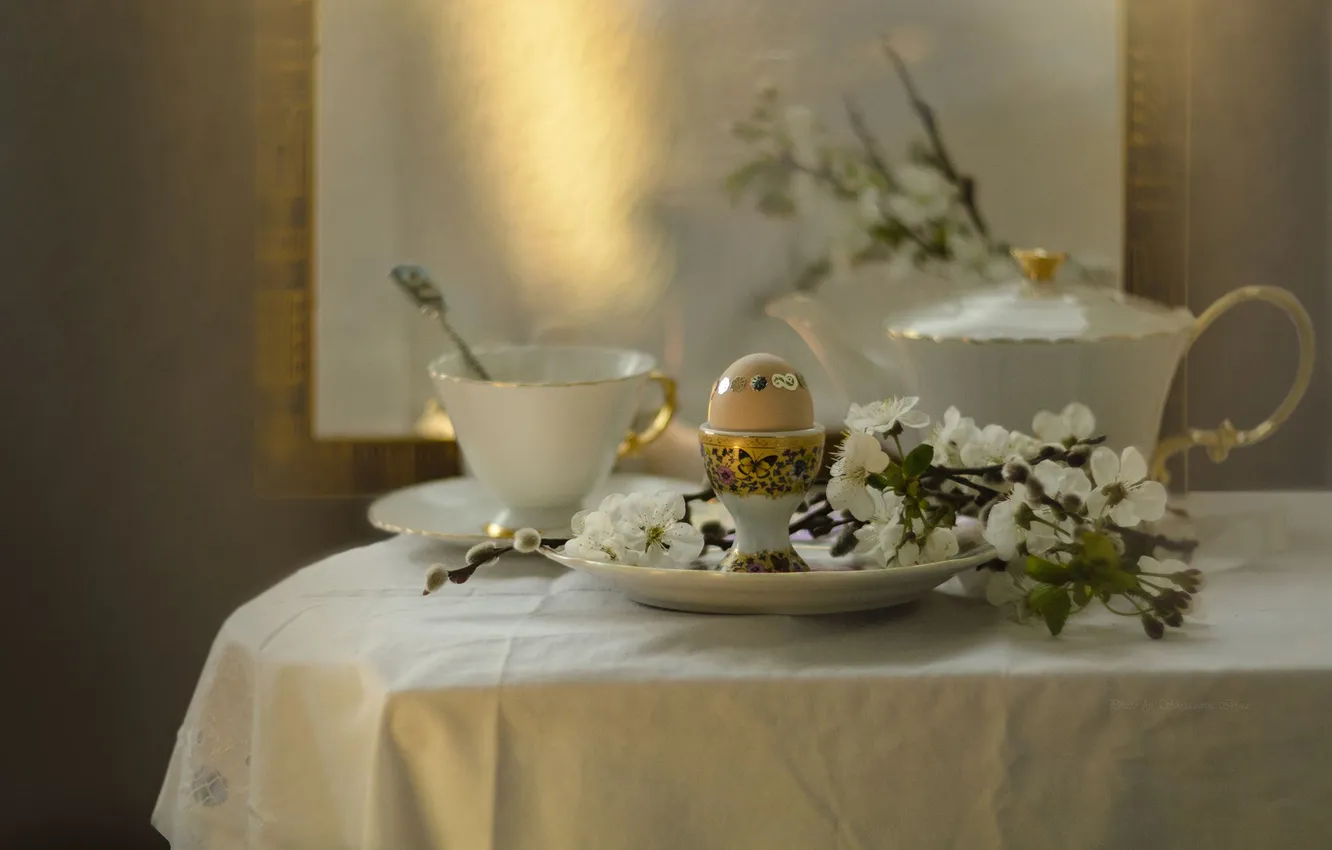 Photo wallpaper table, tea, egg, Easter, welding, tablecloth, Irina Shipunova