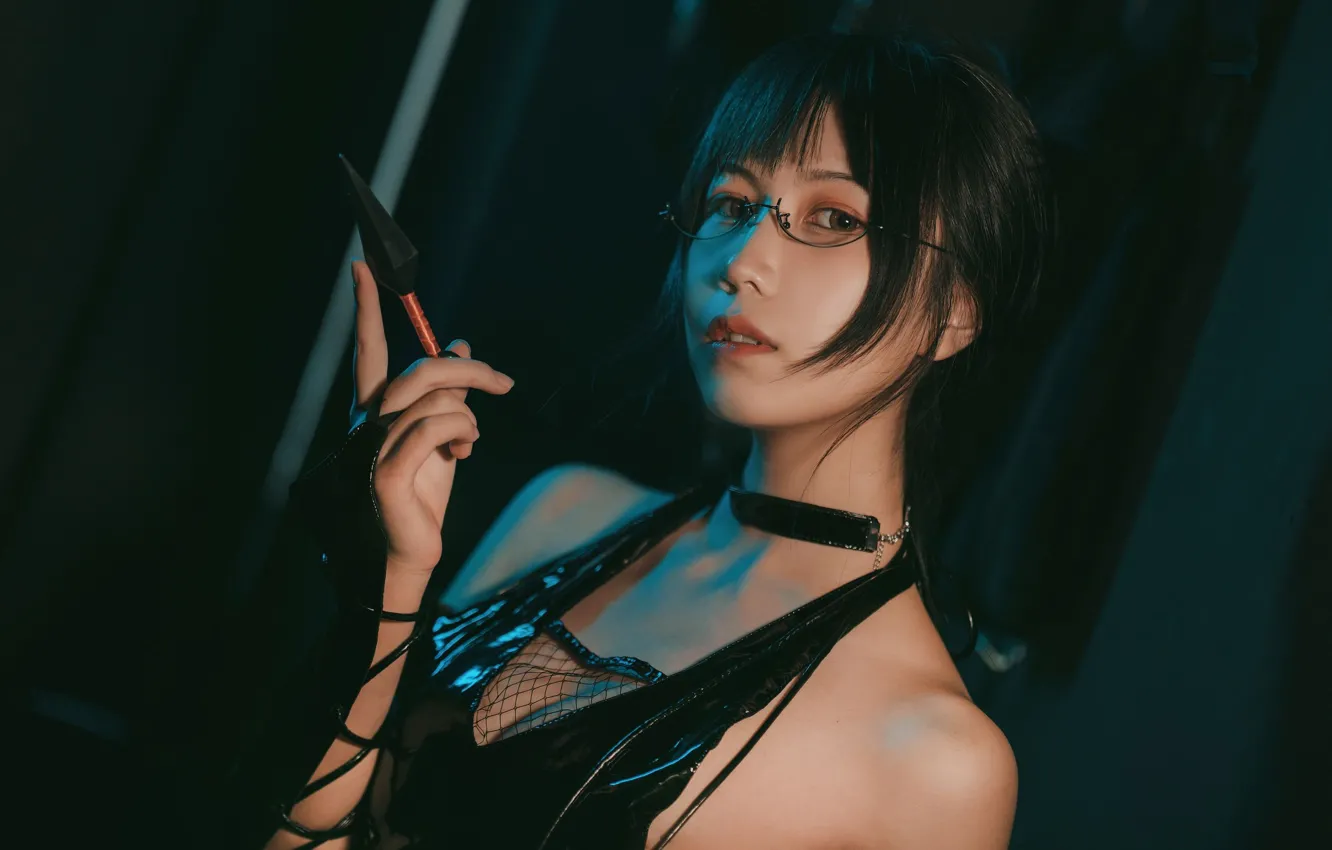 Photo wallpaper look, portrait, glasses, Asian, gesture, items, beautiful girl, cosplay
