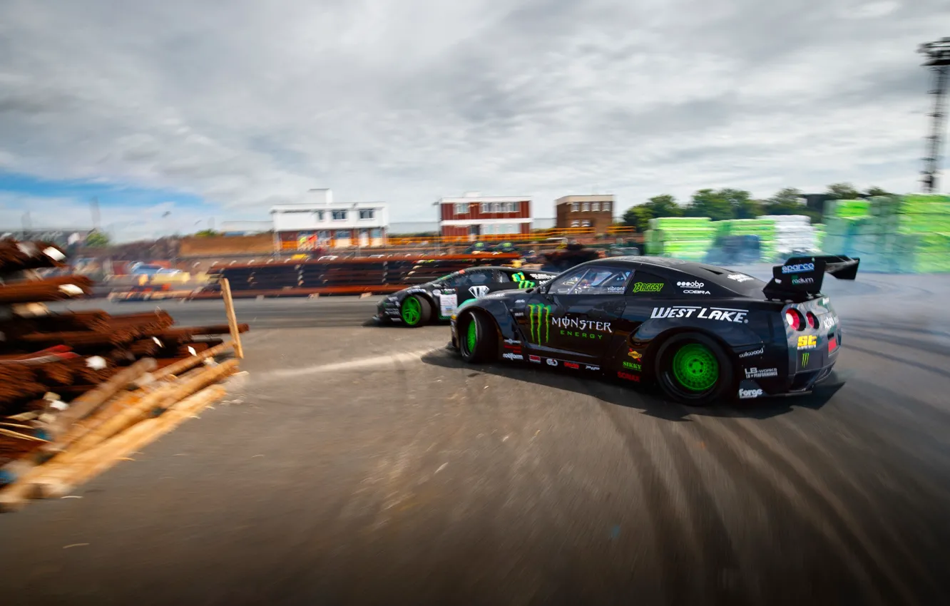 Photo wallpaper Lamborghini, Skid, Nissan, drift, Monster Energy, speedhunters, Larry Chen, Battle drift