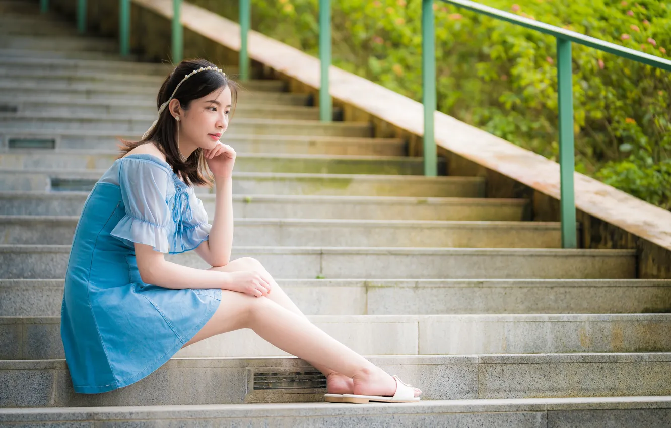Photo wallpaper girl, sweetheart, dress, ladder, steps, legs, Asian, sitting