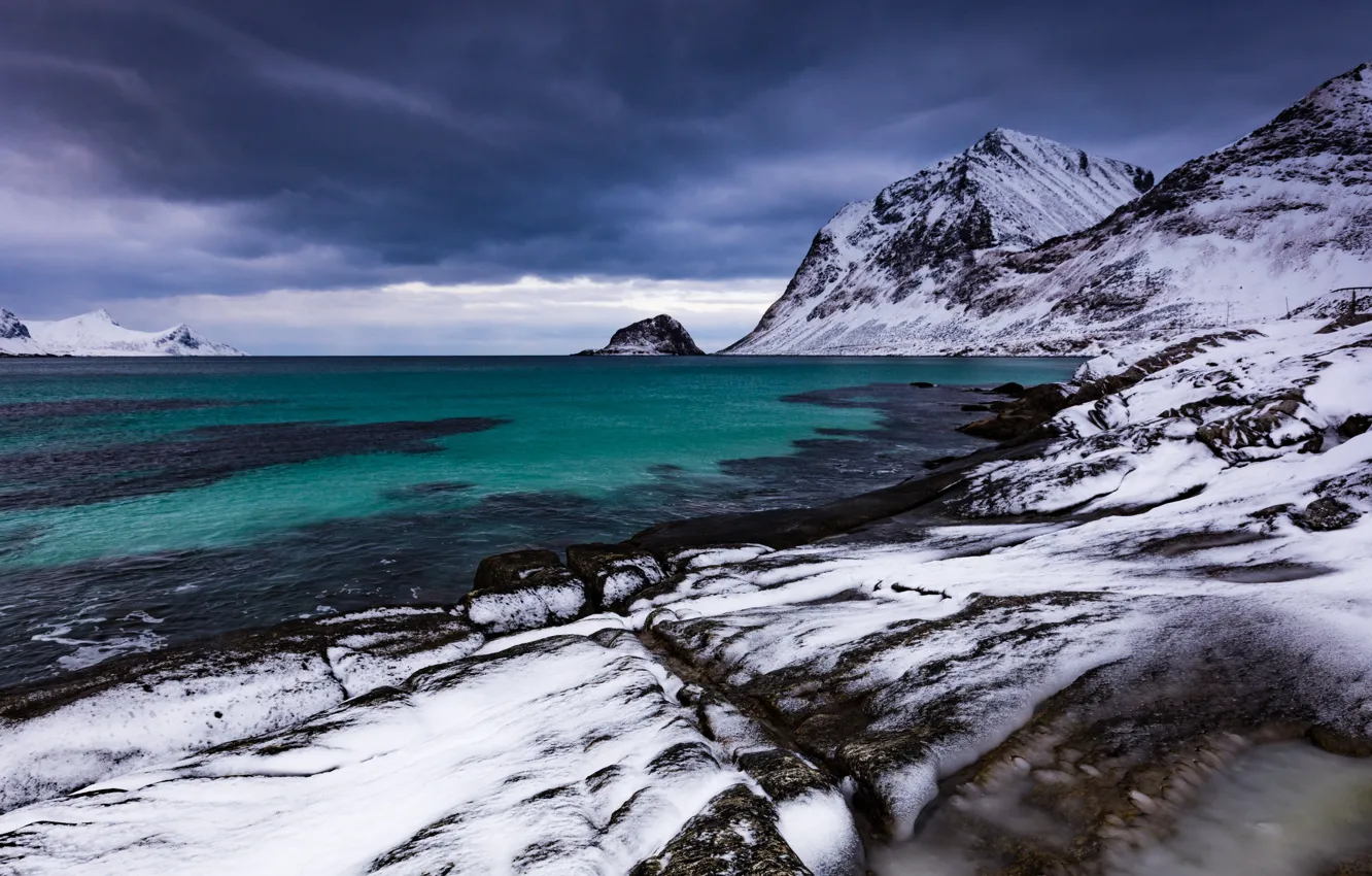 Photo wallpaper winter, sea, snow, mountains, shore, Norway