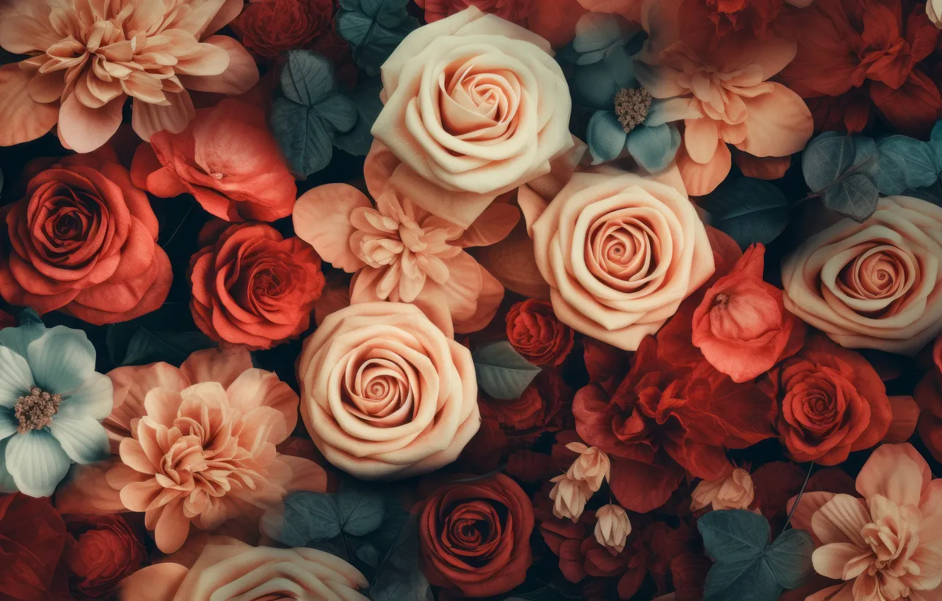 Photo wallpaper flowers, red, birthday, holiday, roses, bouquet, texture, cream