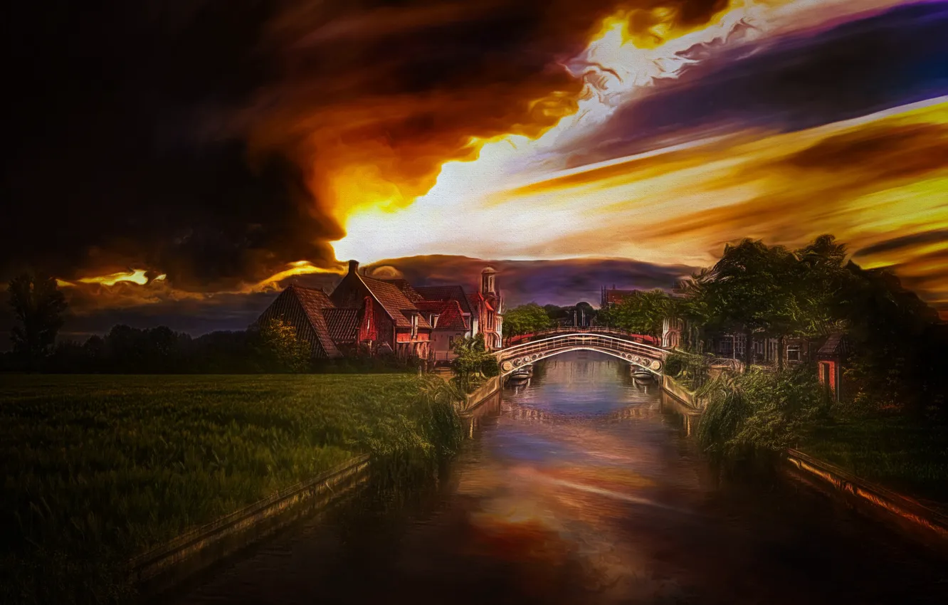 Photo wallpaper clouds, bridge, home, channel, Netherlands