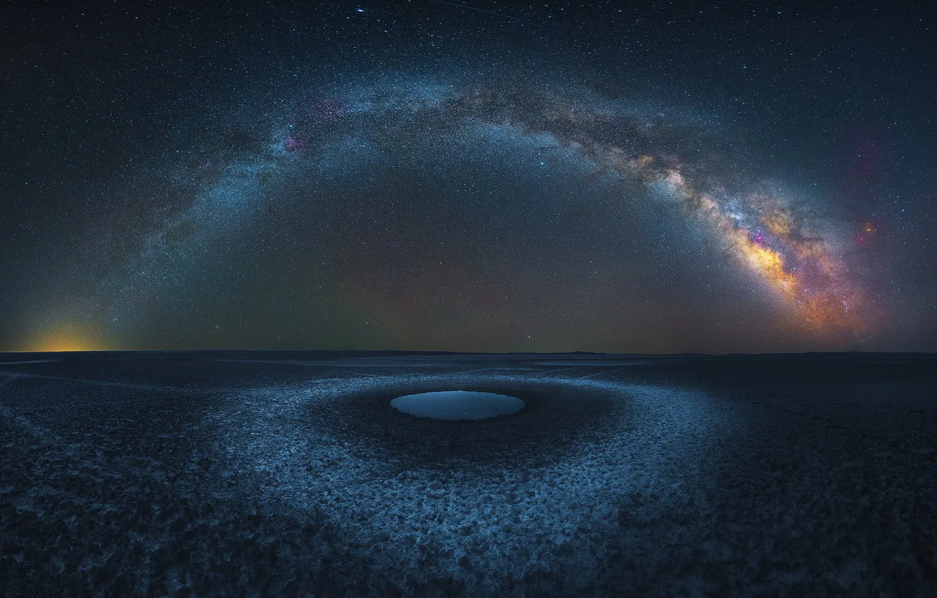 Photo wallpaper stars, night, lake, shore, the milky way