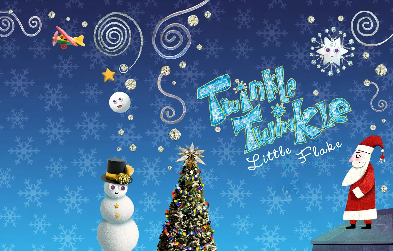 Photo wallpaper the sky, stars, snowflakes, tree, spiral, snowman, the plane, Santa Claus