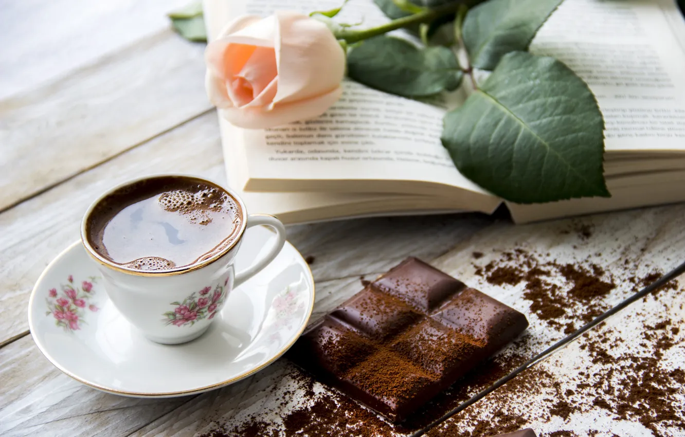Photo wallpaper flowers, table, coffee, chocolate, roses, Cup, book, drink