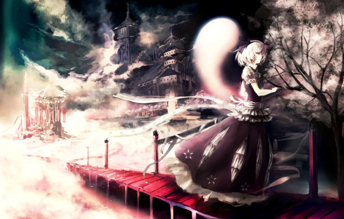 Photo wallpaper girl, bridge, Sakura, touhou, art, konpaku youmu, sword weapon, iori
