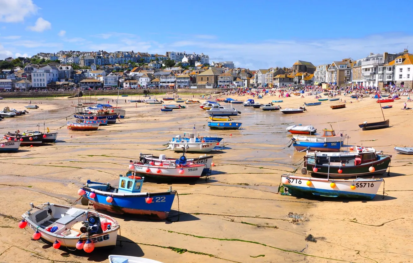 Photo wallpaper the city, shore, boat, England, home, tide