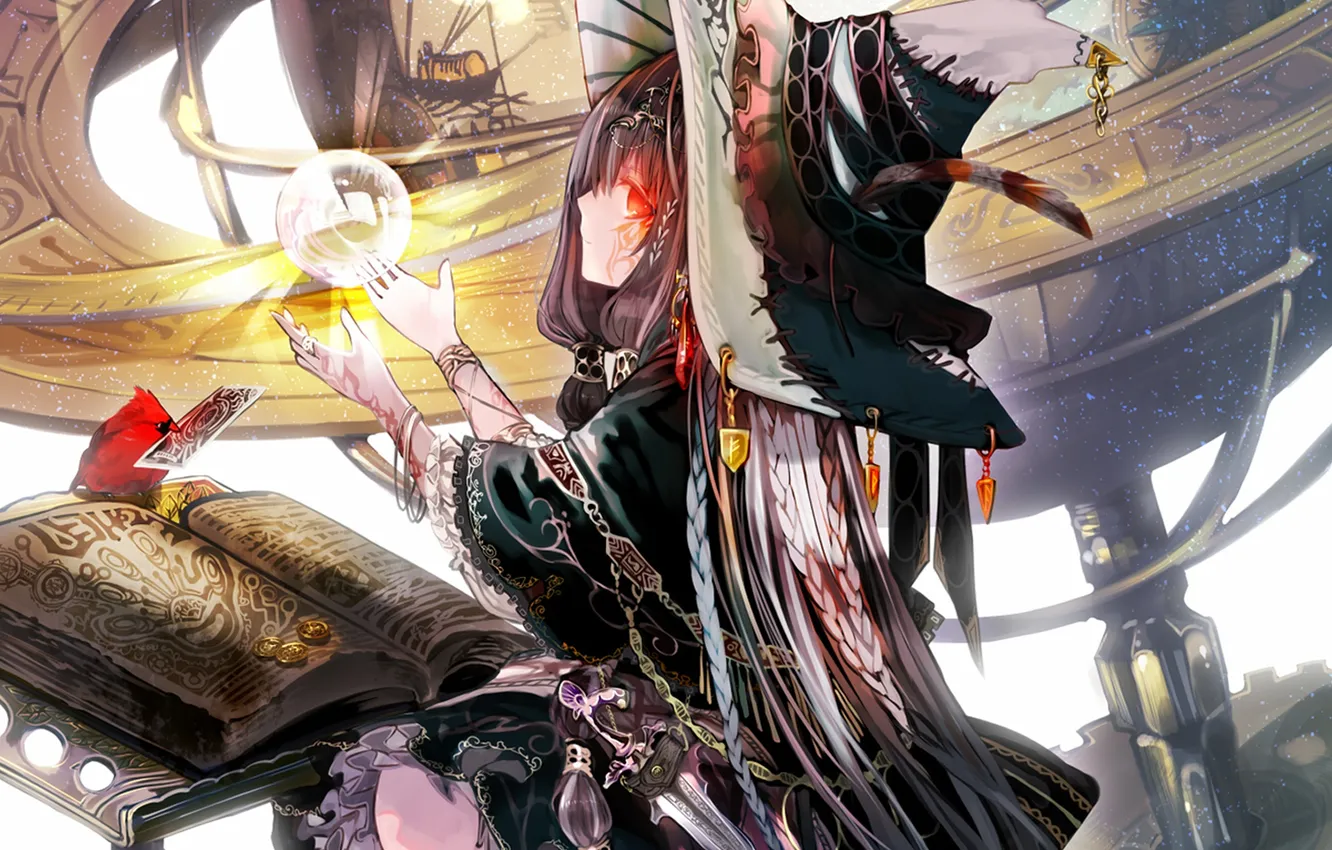 Photo wallpaper girl, bird, map, hat, book, braid, witch