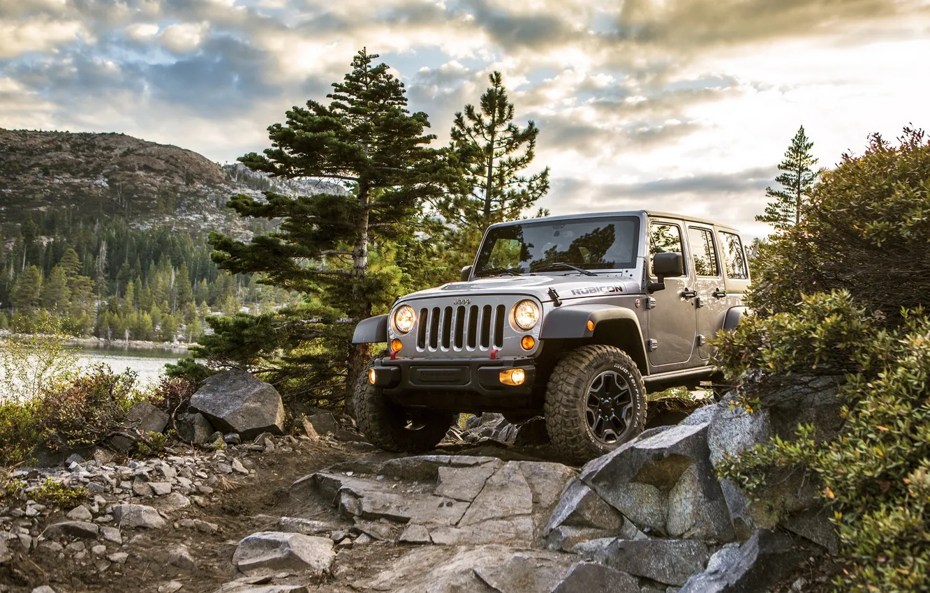 Photo wallpaper trees, stones, jeep, SUV, The roads, jeep wrangler rubicion