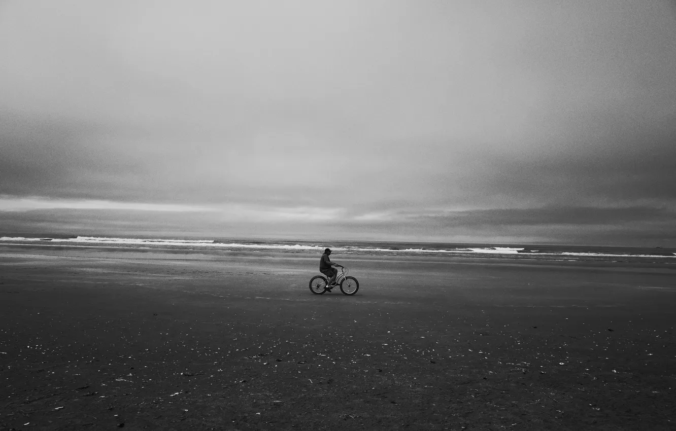 Photo wallpaper sea, wave, beach, bike, storm, male, gray clouds