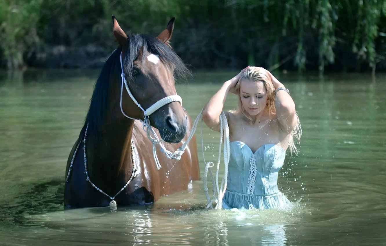 Photo wallpaper water, trees, horse, blonde, white dress, trees, beautiful girl, water