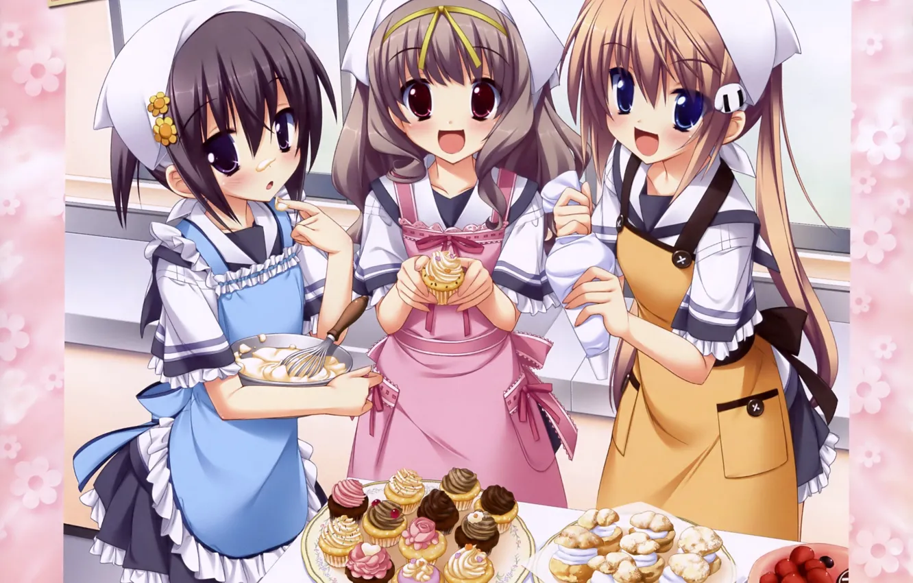 Photo wallpaper joy, strawberry, sweets, solitaire, in the kitchen, apron, girlfriend, visual novel